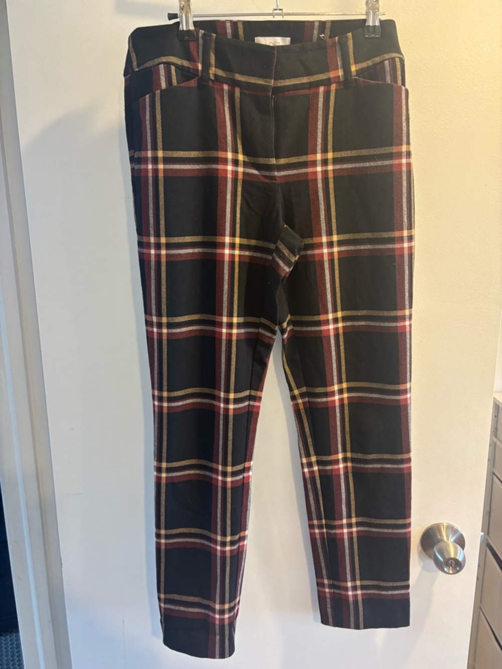LOFT Black Plaid Chinos with Burgundy and Cream Stripes